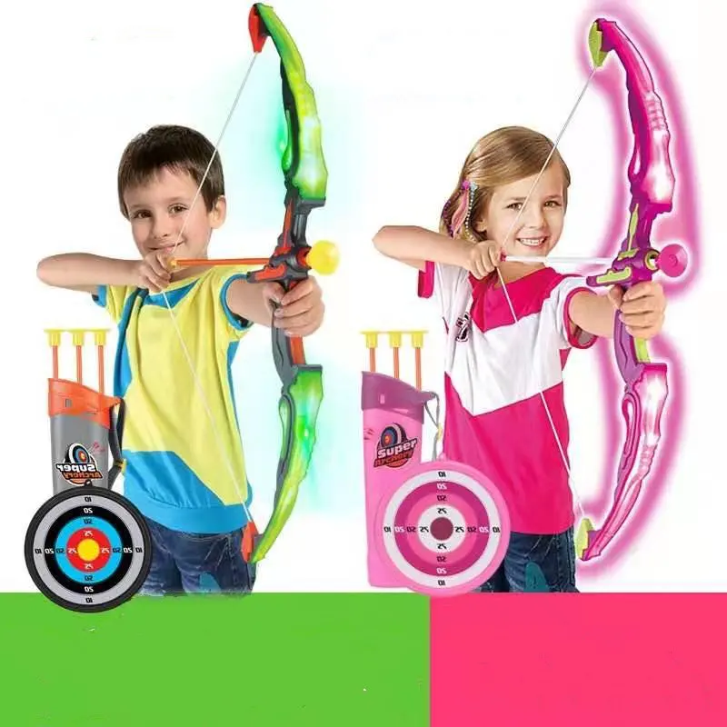 Dropshopping 62cm crianças menino menina esportes ao ar livre indoor diversão brinquedos 5-10m piscando tiro espada arco seta estilingue conjunto de luz