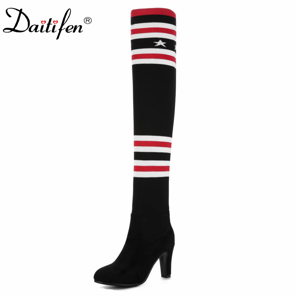 

Daitifen Fashion Winter Shoes Student College Style Mixed Colors Pumps Women Sock Boots Lady Over The Knee Boots High Heels