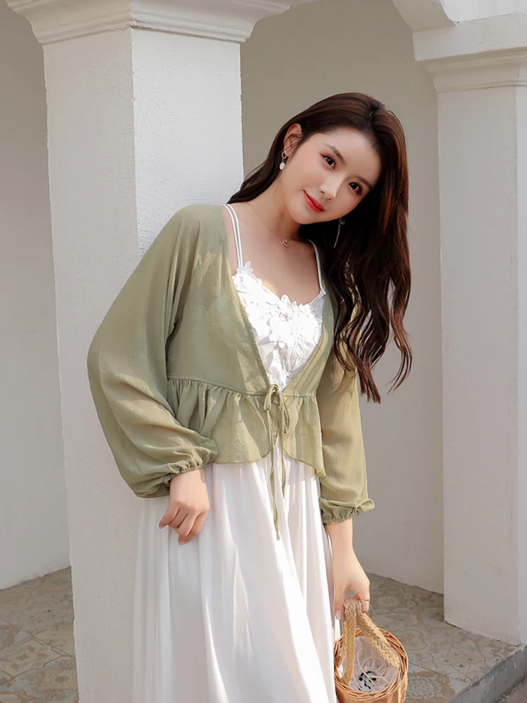 Pearl Diary Women Draped Chiffon Blouse Blouson Sleeve Front Tie Waist Beach Cover Up Top Frill Hem Solid Textured Chiffon Top