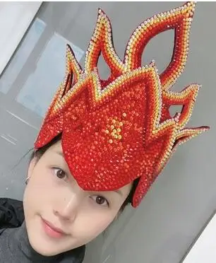 

Rhinestone Flame Hat Folk-custom Cap Women Blaze Performance Red Shiny Headwear