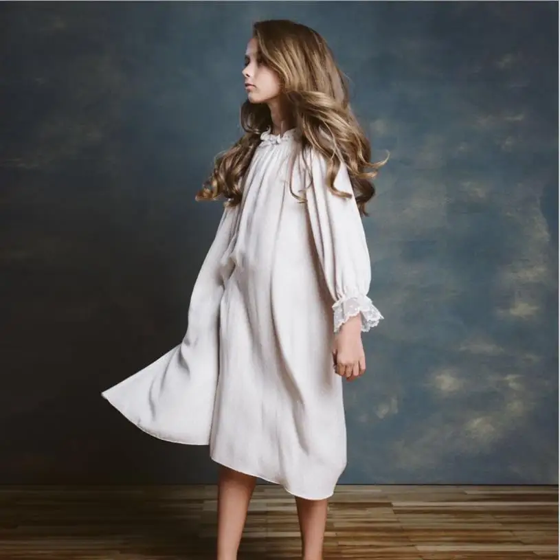 Children lace patchwork dot sleep dress girls long sleeve cotton good quality pajamas kids homeclothes sleepwear ws1524