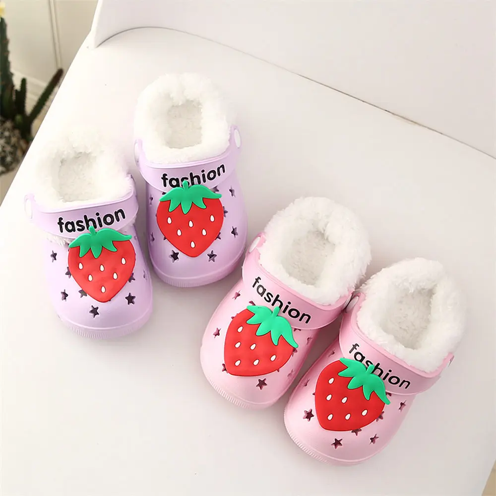 Winter Children Kids Girl Mules Warm Clogs Cute Sandals Strawberry Removable Garden Slippers Baby Toddler Shoes For Girls Boys