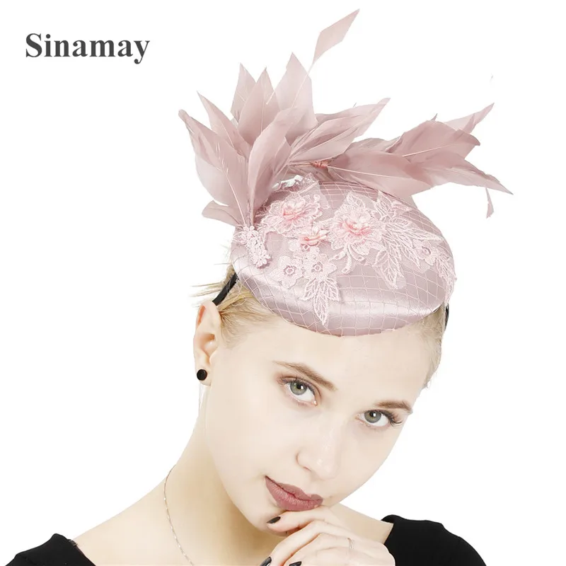 Satin Wedding Fascinatos Hat Womens Elegant Fashion Headwear With Quill Church Hair Accessories Bride Mesh Headpiece Headband