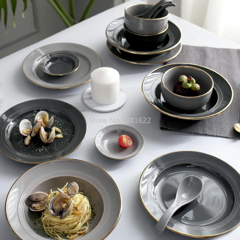 Phnom Penh Nordic Black Grey Simple Ceramic Tableware Set Household Rice Bowl Soup Plate Bowl and Dishes Plate Combination Set