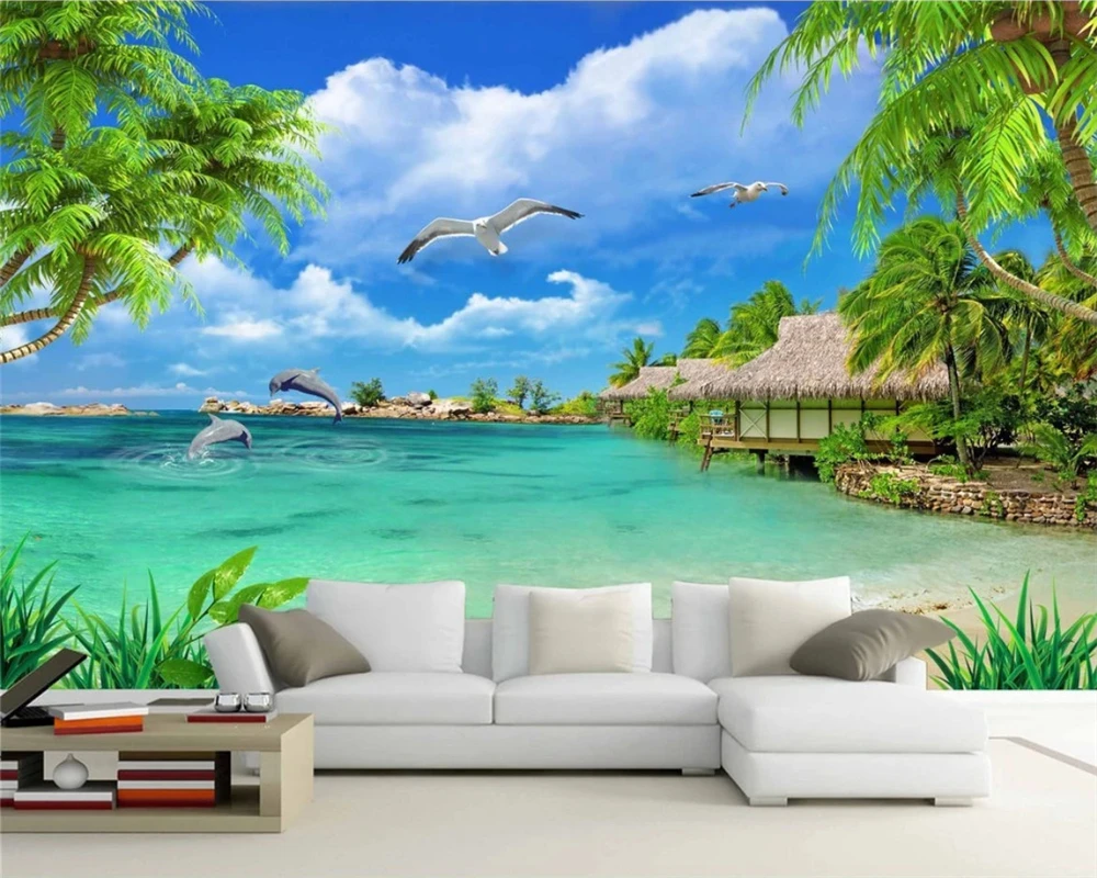 

beibehang custom made papel de parede seagull seaside scenery coconut dolphin background wall wallpapers living room wallpaper