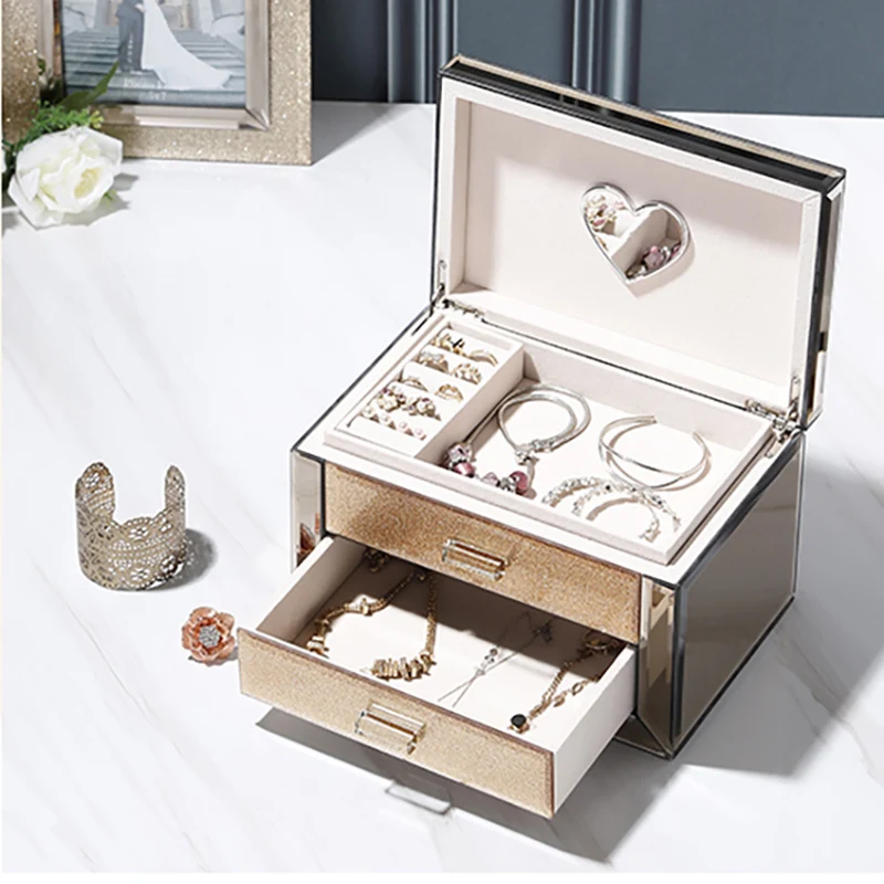 коробка для хранения Jewelry Box Female Multifunctional Princess European Luxury Glass Earrings Ring Jewelries Storage Boxes