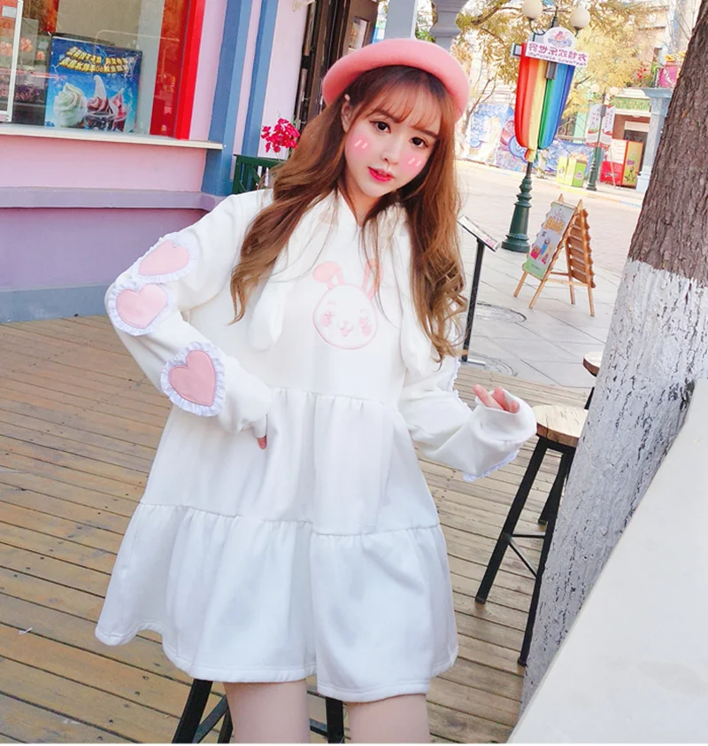 girls top hooded cute bunny top Women's blouse Korean students sweet long-sleeved hooded rabbit ear sweater Fresh sweet lolita