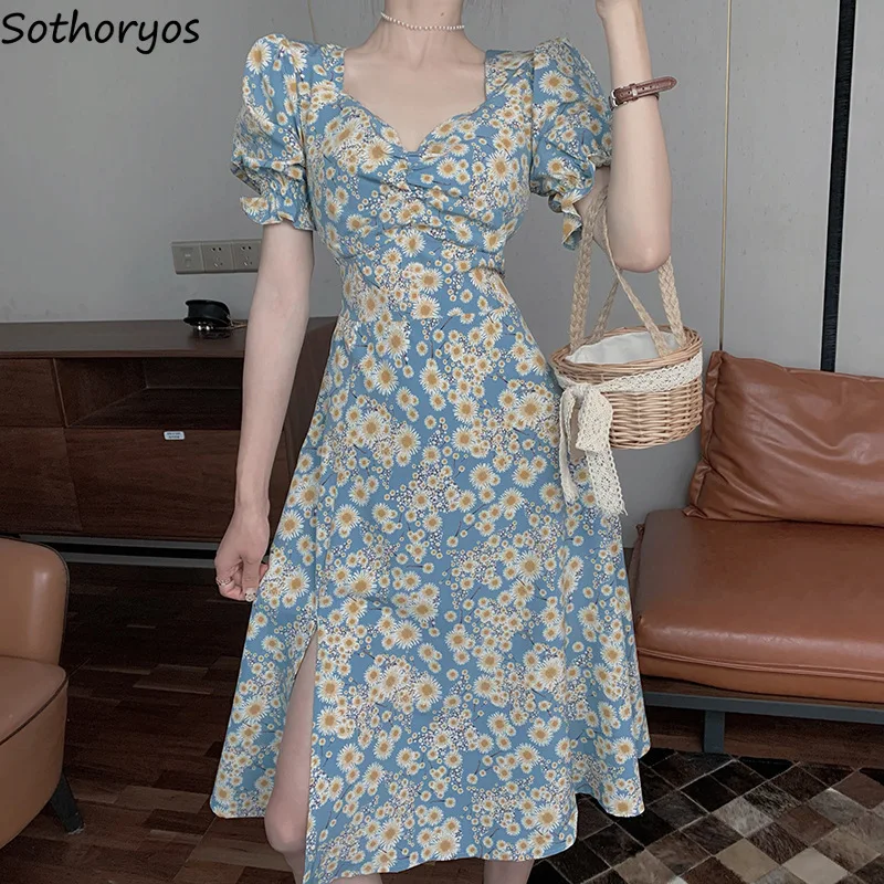 

Women Short Sleeve Dresses V-neck Puff Sleeves Female Elegant Side-slit Dress Holiday Fashion Korean Ulzzang Chic Vestido