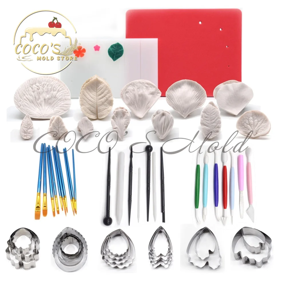 Flower Petal Veiner Silicone Mold/Cutter/Cake Carved Pens/Brush Foam Set Fondant Sugarcraft Mould Cake Decorating Tools Bakeware