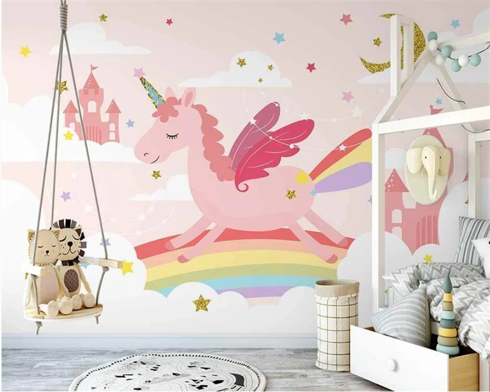 

beibehang Customize new Nordic hand-painted pink unicorn rainbow starry children's room background papel de parede wallpaper