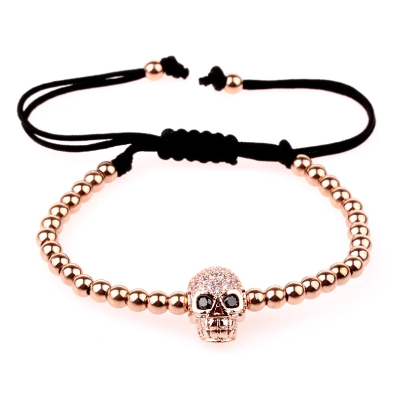 Classic Design Stainless Steel Beads CZ Pave Skull Charm Macrame Bracelet Men Women