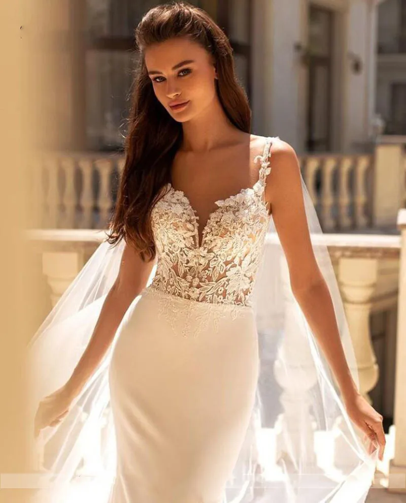 LoveDress V-Neck Mermaid Wedding Dress With Cape Sleeveless Bohemian Spandex Bride Gown Backless Lace Appliques Vestido de novia