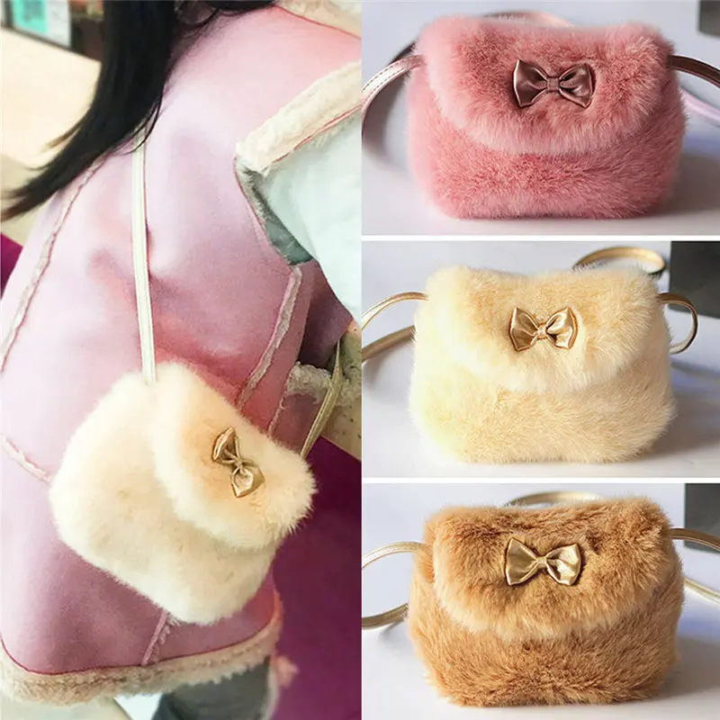 Cute New Girls Kids Fluff Purse Bowknot Mini Soft Fur Toys Plush Bag Handbags Cute Girls School Handbag 17x14cm