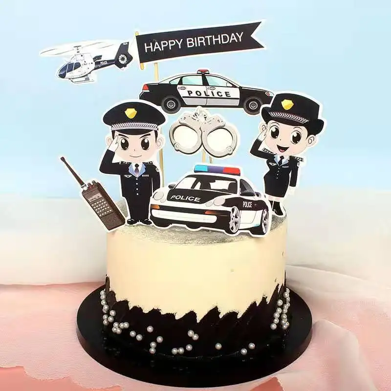 

6Pcs Police Dream Birthday Cake Topper Police Car Happy Birthday Cupcake Toppers flags for Baby Birthday Party Cake Decorations