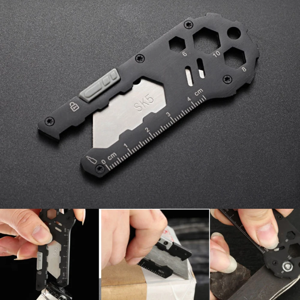 Multifunction Climbing EDC Keychain Box Cutter Outdoor Tools Camping Hiking Stainless Steel Fold Knife Hex Wrench Bottle Opener