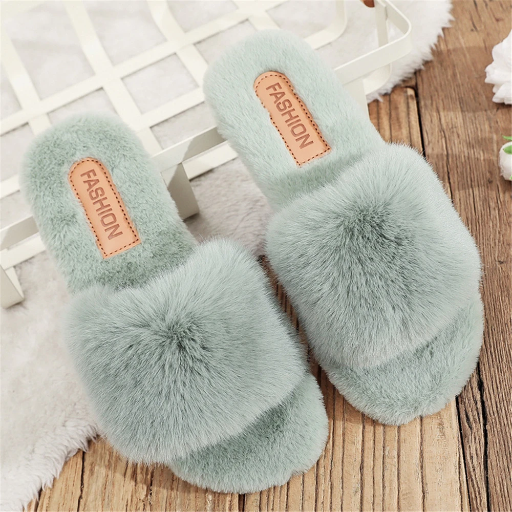 Pantoufles en fausse fourrure pour femmes, chaussures de sol en peluche douce, pantoufles de maison chaudes à bout ouvert, glissades de maison moelleuses, hiver 2023