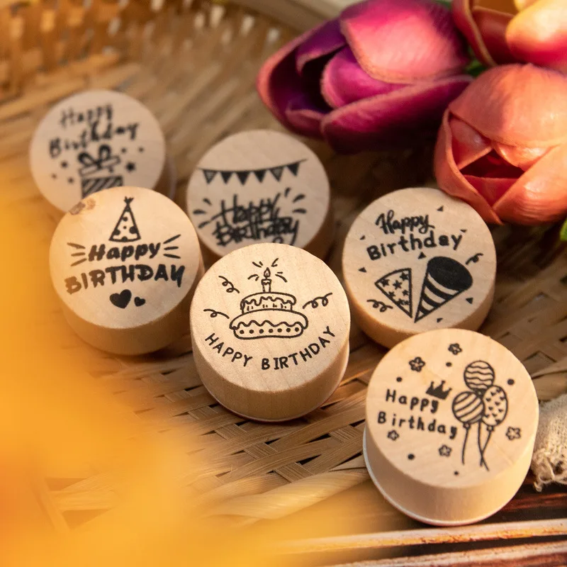 6pcs Happy Birthday Wood Rubber Stamps Round Wooden Stamp DIY Craft Scrapbooking Stamping Baby Birthday Party Favor Decoration