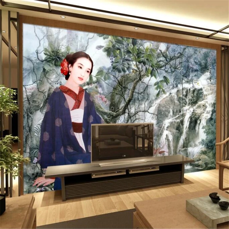 

wellyu Customized large murals fashion home decoration Chinese elements maid figure TV sofa background wall papel de parede