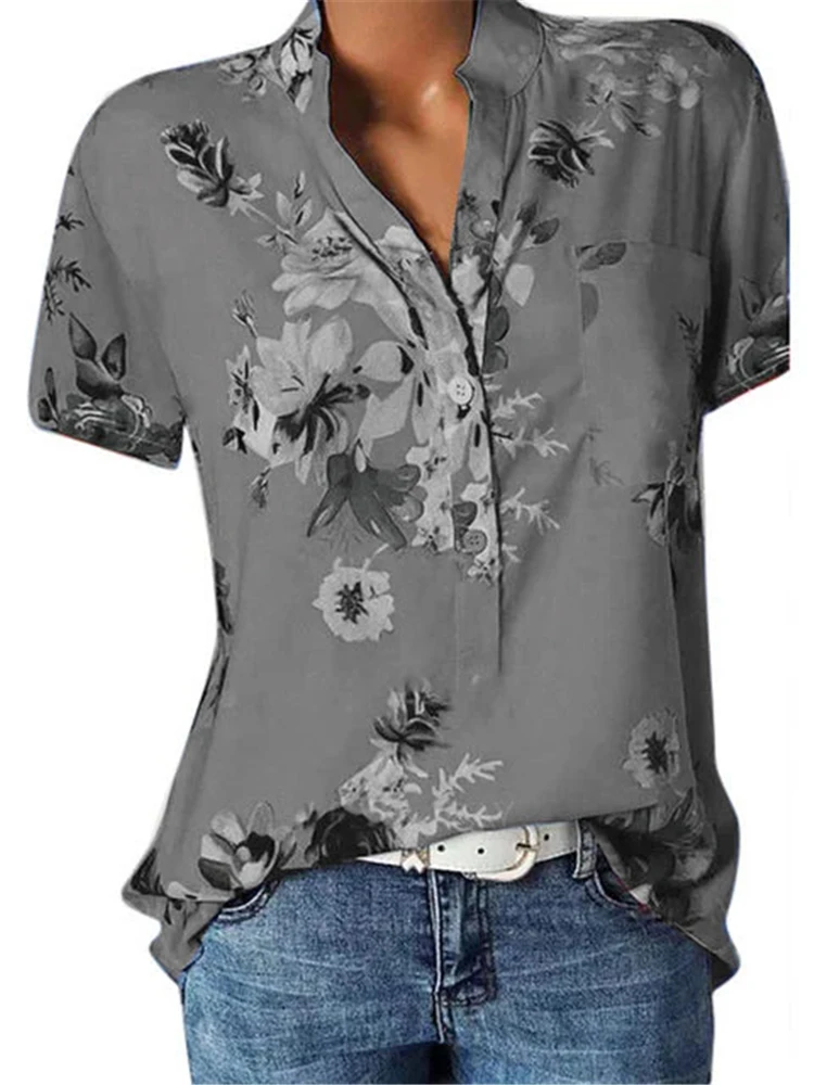 New blouse shirt large size casual shirt V-neck short sleeve shirt women