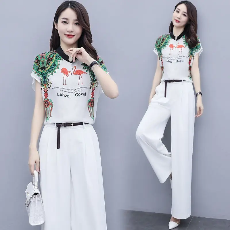 

Summer Women Sets Short Sleeve Chiffon Blouse Wide Leg Pant Sashes Plus Sizes Two Piece Set Top and Pants Summer Tracksuit Women