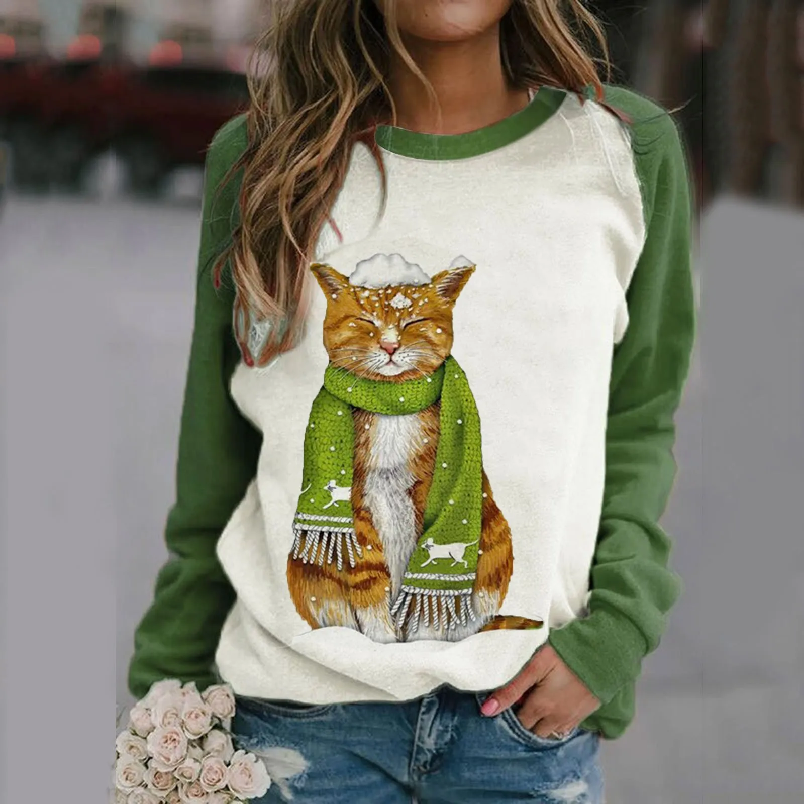 Green Scarf Cat Print Hoodie Sweatshirt Women 2021 Autumn O Neck Long Sleeve Pullover Tops Retro Elegant Harajuku Sweatshirts