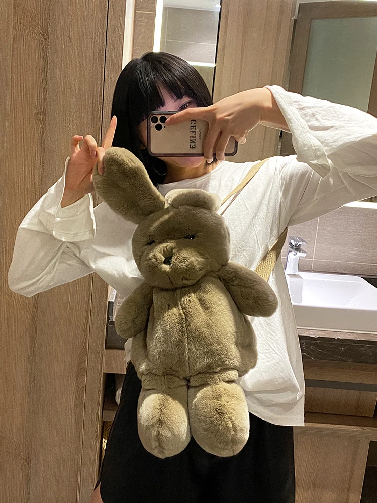 New cute Rex rabbit fur leather animal backpack plush toys puppy rabbit long ears doll bag Girls birthday present