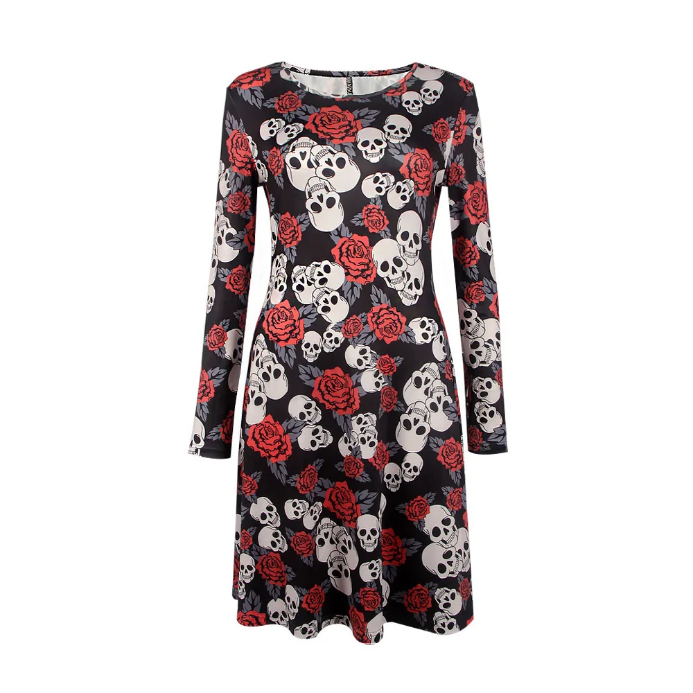 

Halloween Christmas Wear Clothing Women Casual Dress Skull Print Long Sleeve Dress Party O Neck Mini Dresses