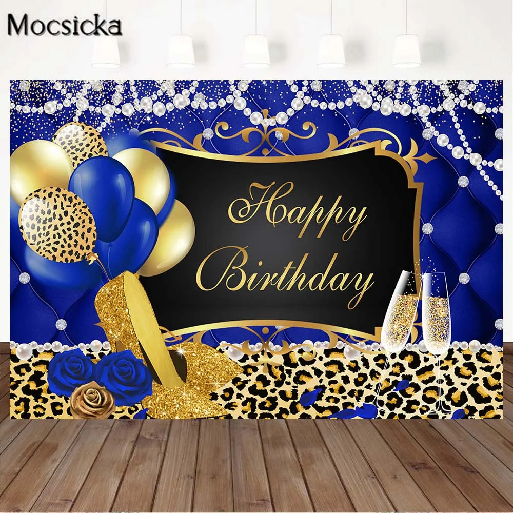 

Leopard Women Happy Birthday Backdrop Party Decor Gold High Heel Pearl Royal Blue Custom Photo Background Photography Photocall