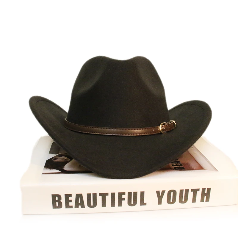 Retro Coffee Leather Band Parent-child Women Men /Kid Child Wool Wide Brim Cowboy Western Hat Cowgirl Bowler Cap (54-57-61cm)