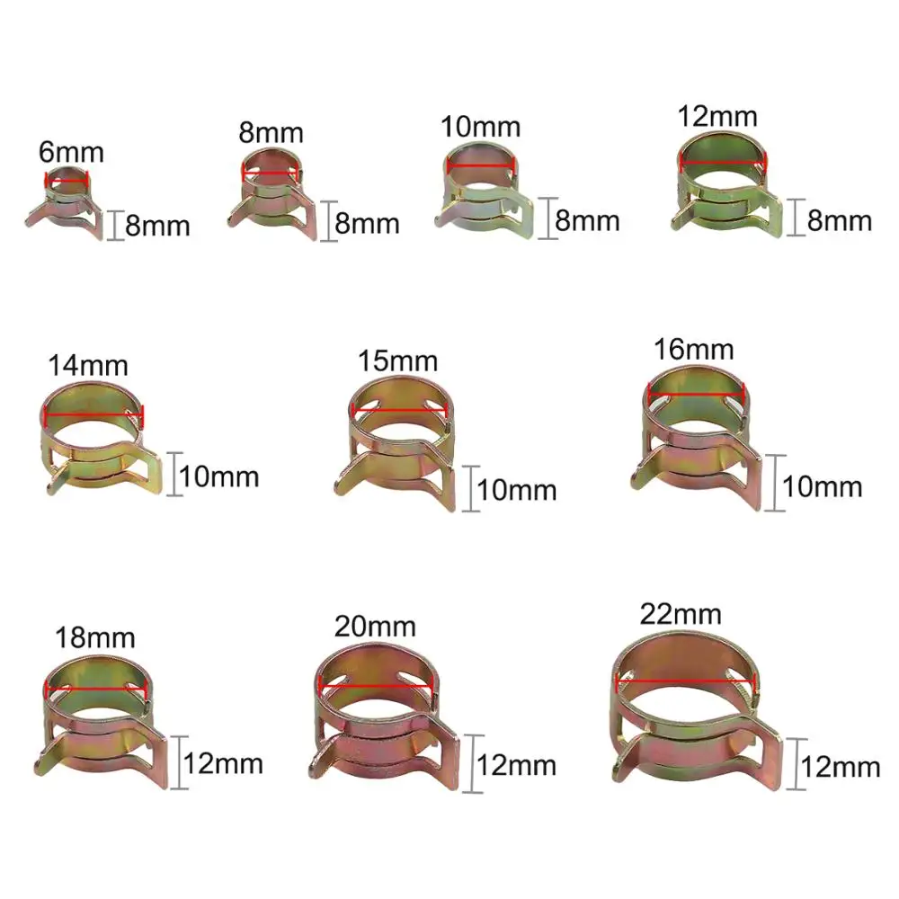 JUSTOOL 100pcs Spring Clamps 6mm 8mm 10mm 12mm 14mm 15mm 16mm 18mm 20mm 22mm Spring Clip Hose Fuel Hose Air Pipe Clamp Fasteners