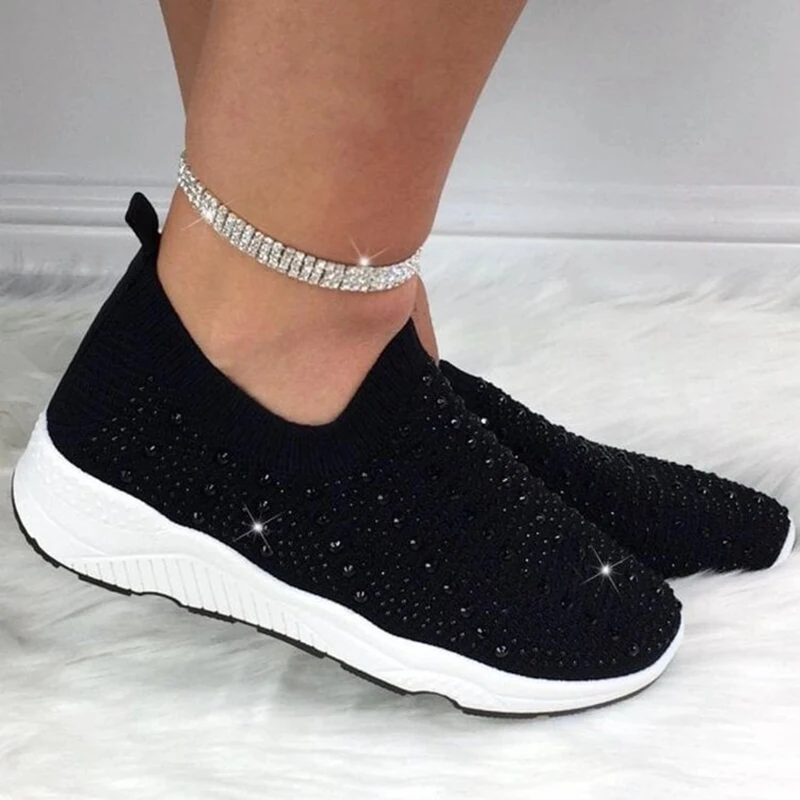 Rimocy 2020 New Knit Mesh Crystal Sneakers Women Comfortable Breathable Flat Shoes Fashion Slip on Plus Size Casual Shoes Female