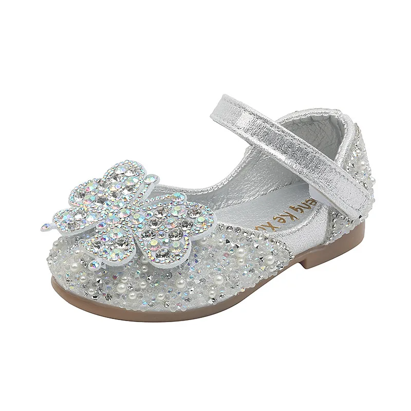 Zapatos de cuero con lentejuelas para niña pequeña, zapatos individuales con lazo a la moda para niño, zapatos de boda con diamantes de imitación brillantes