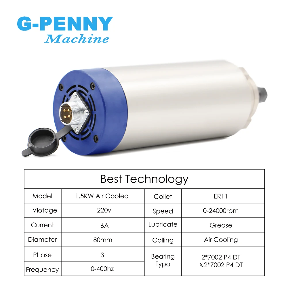 G-Penny 1.5kw ER11 Air Cooled Spindle D=80mm 4 pcs Bearings 24000rpm Air Cooling Spindle Accuracy 0.01mm Wood Aluminum Working