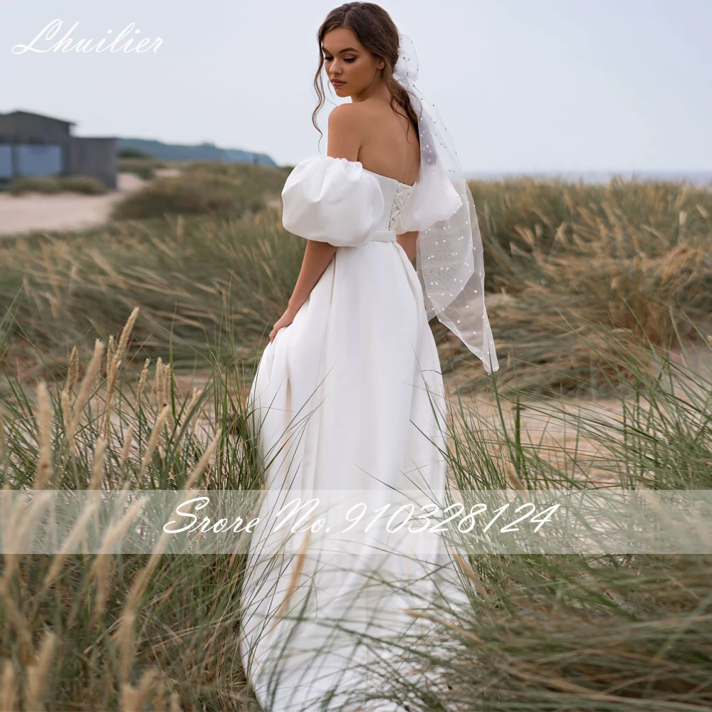 Lhuilier-Vestido de novia de satén sin tirantes, Simple, con mangas abullonadas, corte A, con abertura alta