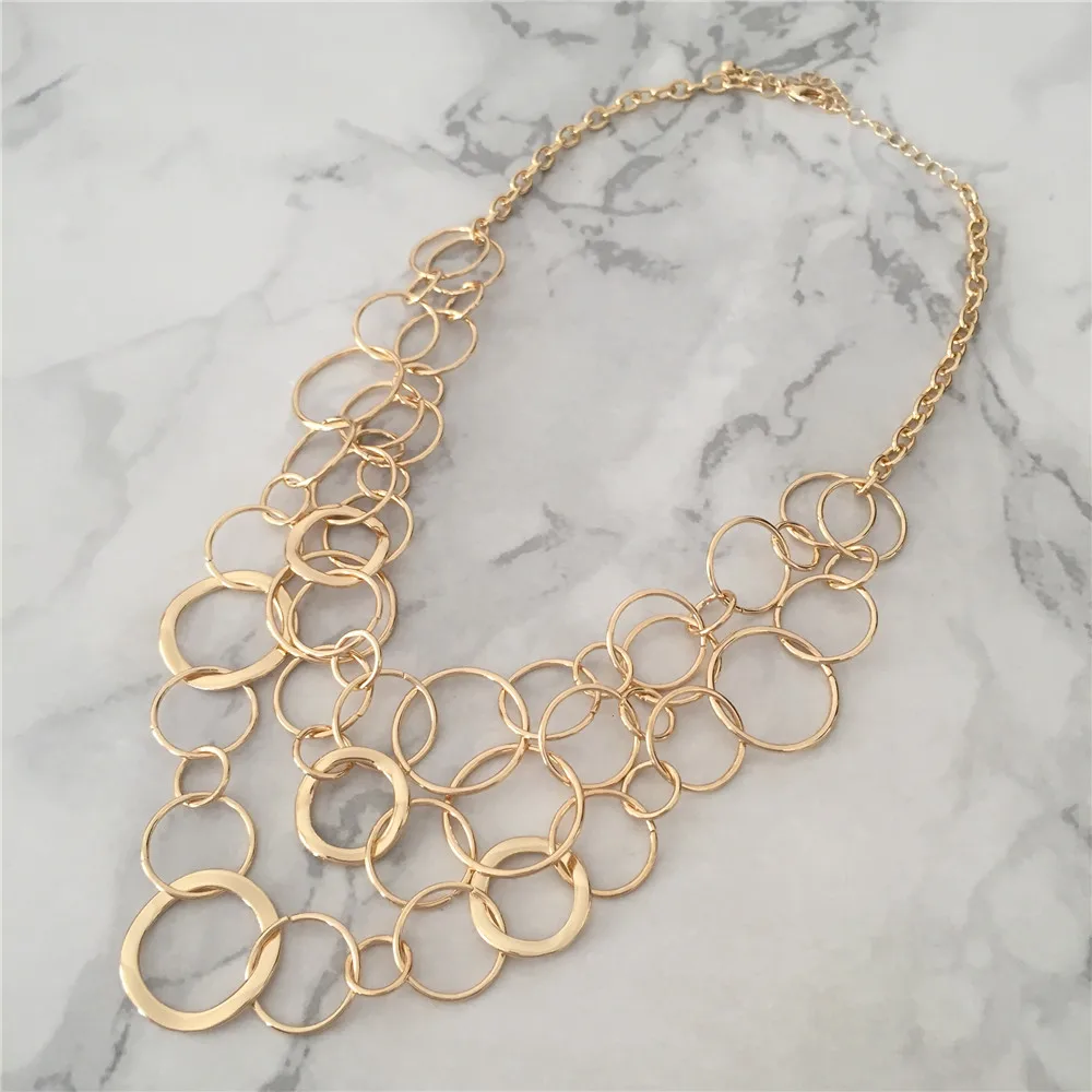 Bohemian Multi Layered Necklace for Women Vintage Gold Color Geometric Circle Linked Chain Necklace  Geometric Collier Collares