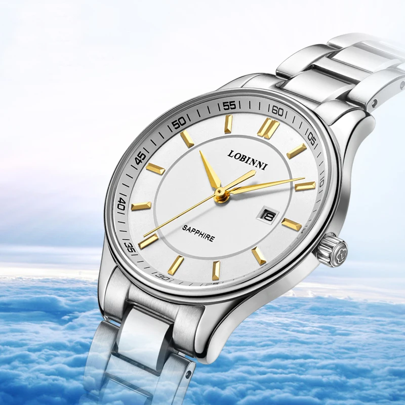 LOBINNI Orologio impermeabile in vetro zaffiro in acciaio inossidabile Orologio da coppia di orologi di marca di lusso Coppia di orologi al quarzo giapponesi per uomo e donna
