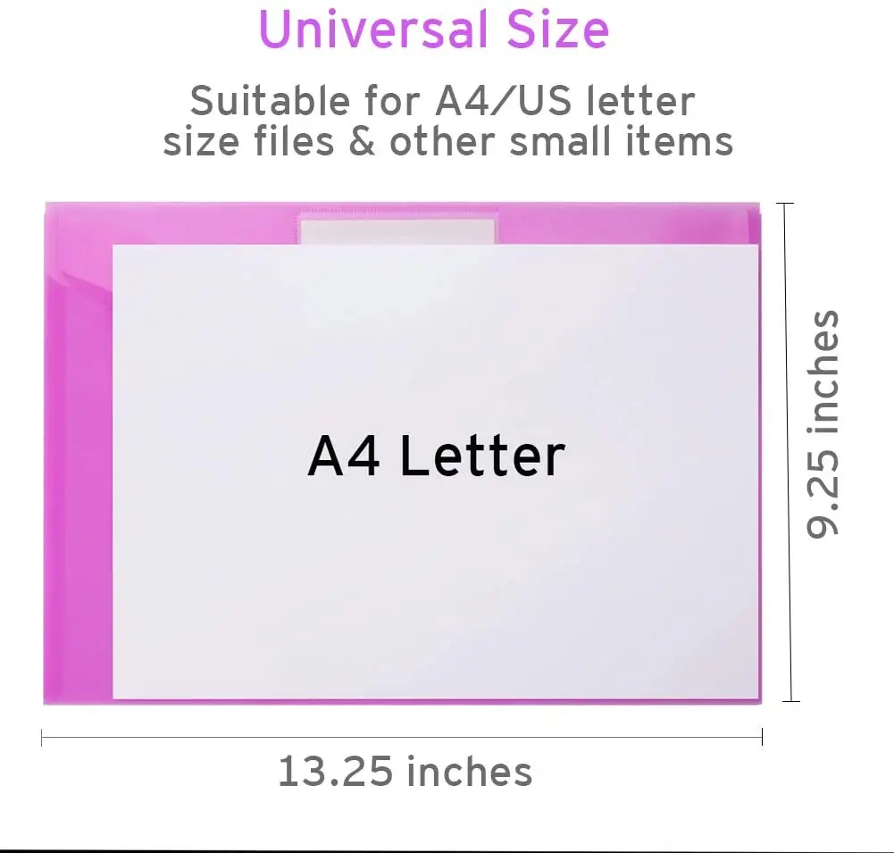 5 Pack  A4 Letter Size Plastic Clear Folders File Envelopes with Label Pocket & Snap Button for Home Work Office Organization