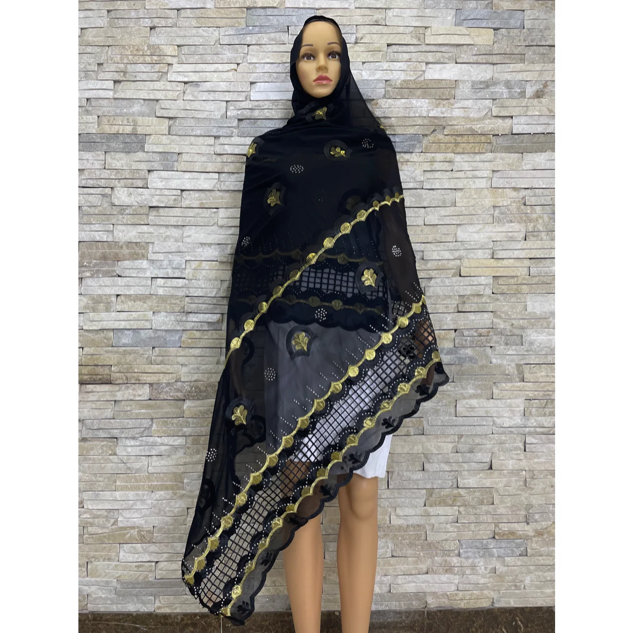 High Quality African Women Chiffon Scarf Embroidery Muslim Women Hijab Economic Big Size Scarf Chiffon Splicing Design HD045