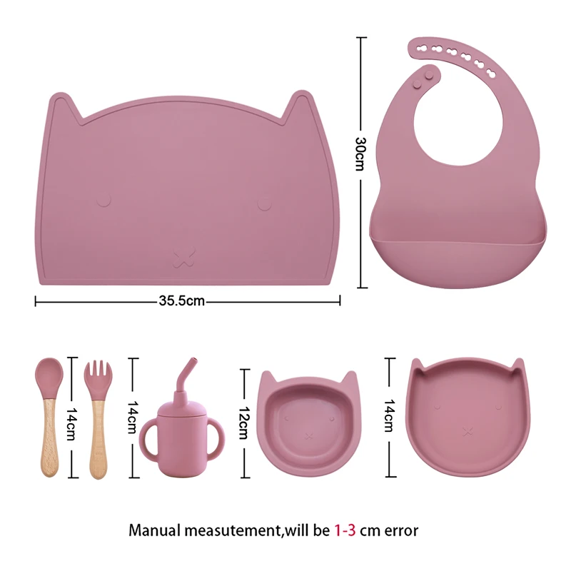 Silicone Cookware Set Waterproof Newborn Bibs Suction Dishes Plates Feeding Bowl Wooden Handle Fork Spoon Sippy Cup Baby Stuff