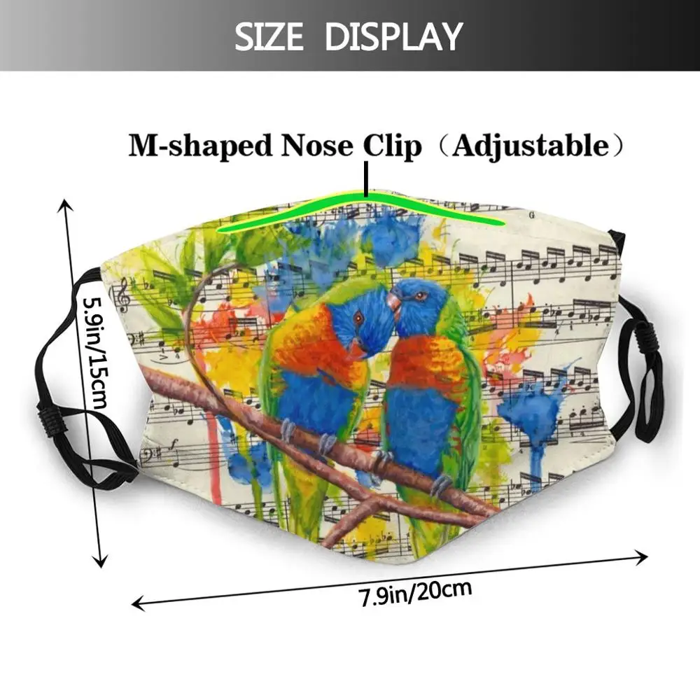 Lorikeets-mascarilla con filtro antipolvo para adultos y niños, máscara con diseño de arcoíris, Charlenesart, música, papel de hoja, Diy