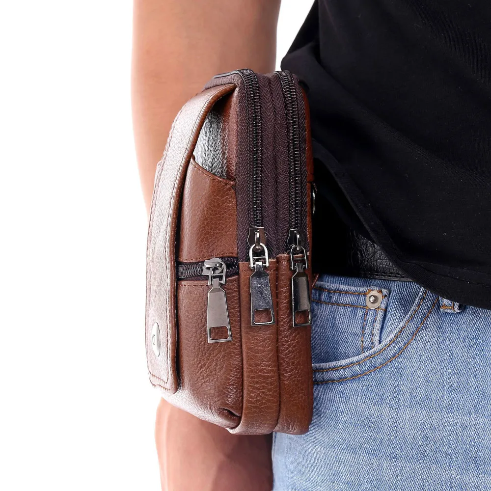 Vintage Men Leather Waist Bag Large Capacity Belt Bag Shoulder Bags Crossbody Botty Multi-layer Buckle Mobile Phone Bag Bum Pouch