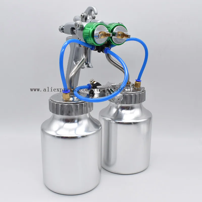 Nano Chrome Spray Gun Double Nozzle Paint Sprayer with 2pcs Tank 1.3mm Dual Head Pressure Feed Paint Spray Gun