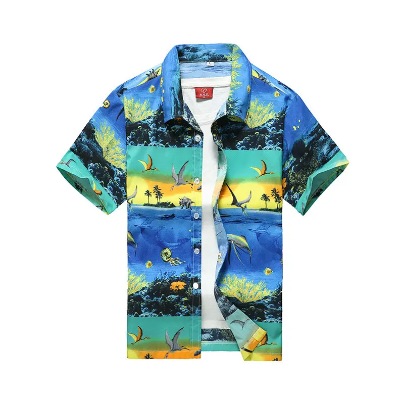 2023 New Male Hawaiian Shirts Fashion Men\'s Casual Button Hawaii Print Beach Short Sleeve Quick Dry Top Blouse M-5XL