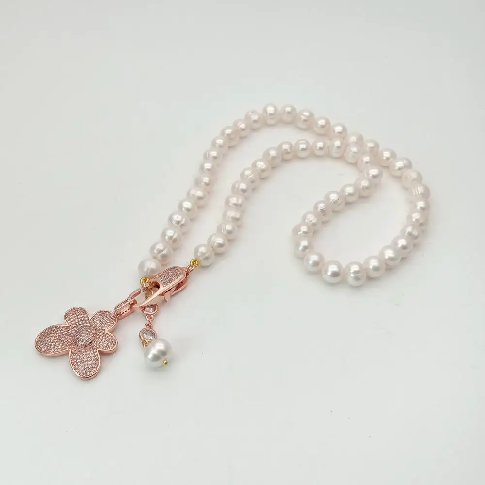 

YYGEM 20" 10mm round White freshwater Pearl Necklace Rose gold color plated cubic zirconia micro Pave flower Pendant necklace
