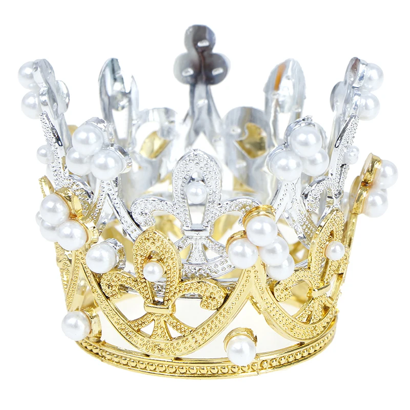 

1 Silver Gold Color Mini Crown Cake Topper Crystal Pearl Tiara Children Hair Ornaments For Wedding Birthday Party Decoration Hot