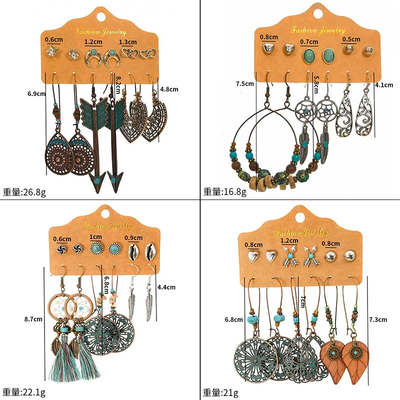 2021 6 زوج/مجموعة خمر مسمار طقم من الحلقان مختلطة للنساء البوهيمي الذهب اللون ورقة زهرة حجر بيان شنق Brincos مجوهرات