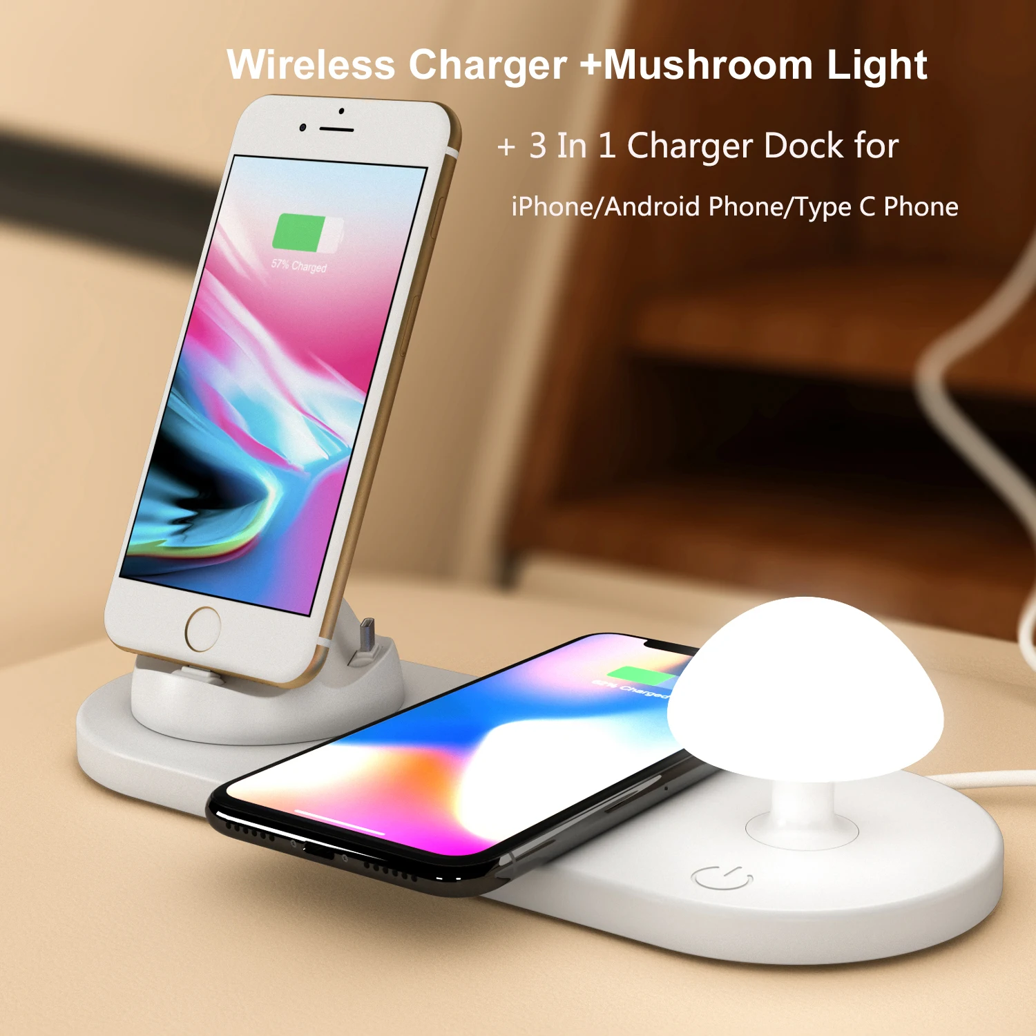 Wireless Fast Charger, Mushroom Shape, LED Night Lamp, 3 in 1 Charge Dock for iPhone, Android Phone, Type C Phone