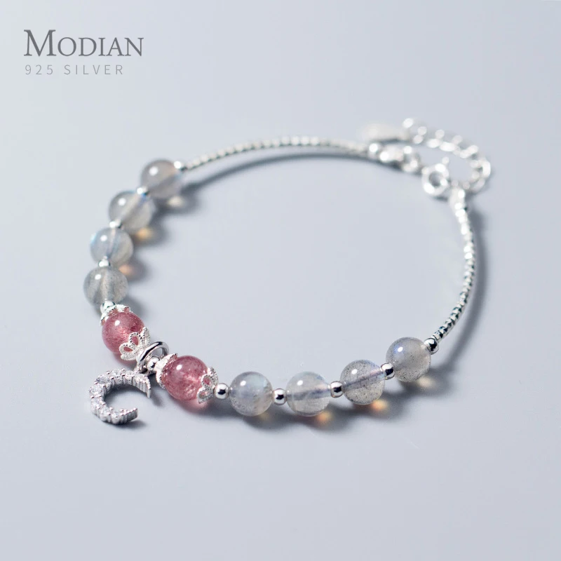 

Modian Featured Brand Fashion Pink Strawberry Crystal Jewelry For Women 100% 925 Sterling Silver Clear CZ Moon Charm Bracelet