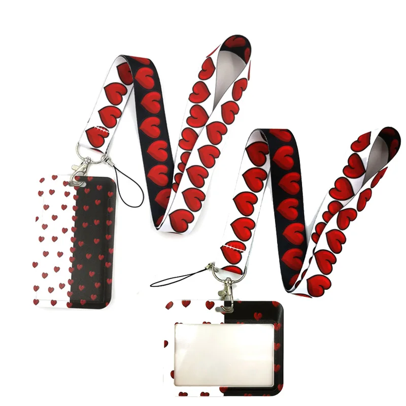 

Red Hearts Love Couple Strap Lanyard Credit Card ID Holder Bag Student Women Travel Card Cover Badge Car Keychain Decorations