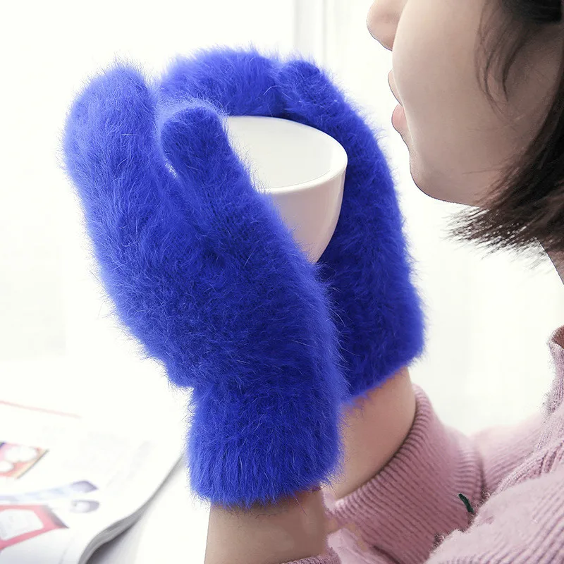 Rabbit Wool Gloves Female Winter Mittens Fur Gloves Fingerless Winter Women Girls Mittens Black Guantes White